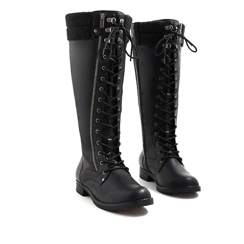 Torrid Knee Lace-up Sweater Boot Pebbled Faux Leather WW WideBlack NEW